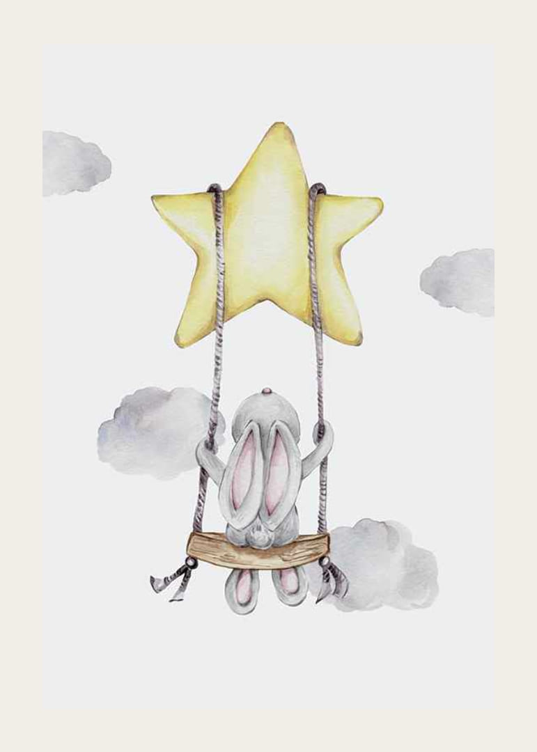 Aquarelillustratie van konijn op schommel hangend in ster-12
