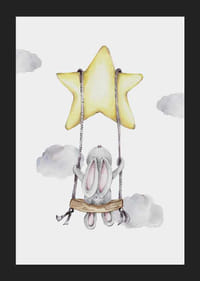 Aquarelillustratie van konijn op schommel hangend in ster-5