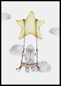 Akvarellillustration av kanin på gunga hängande i stjärna-6