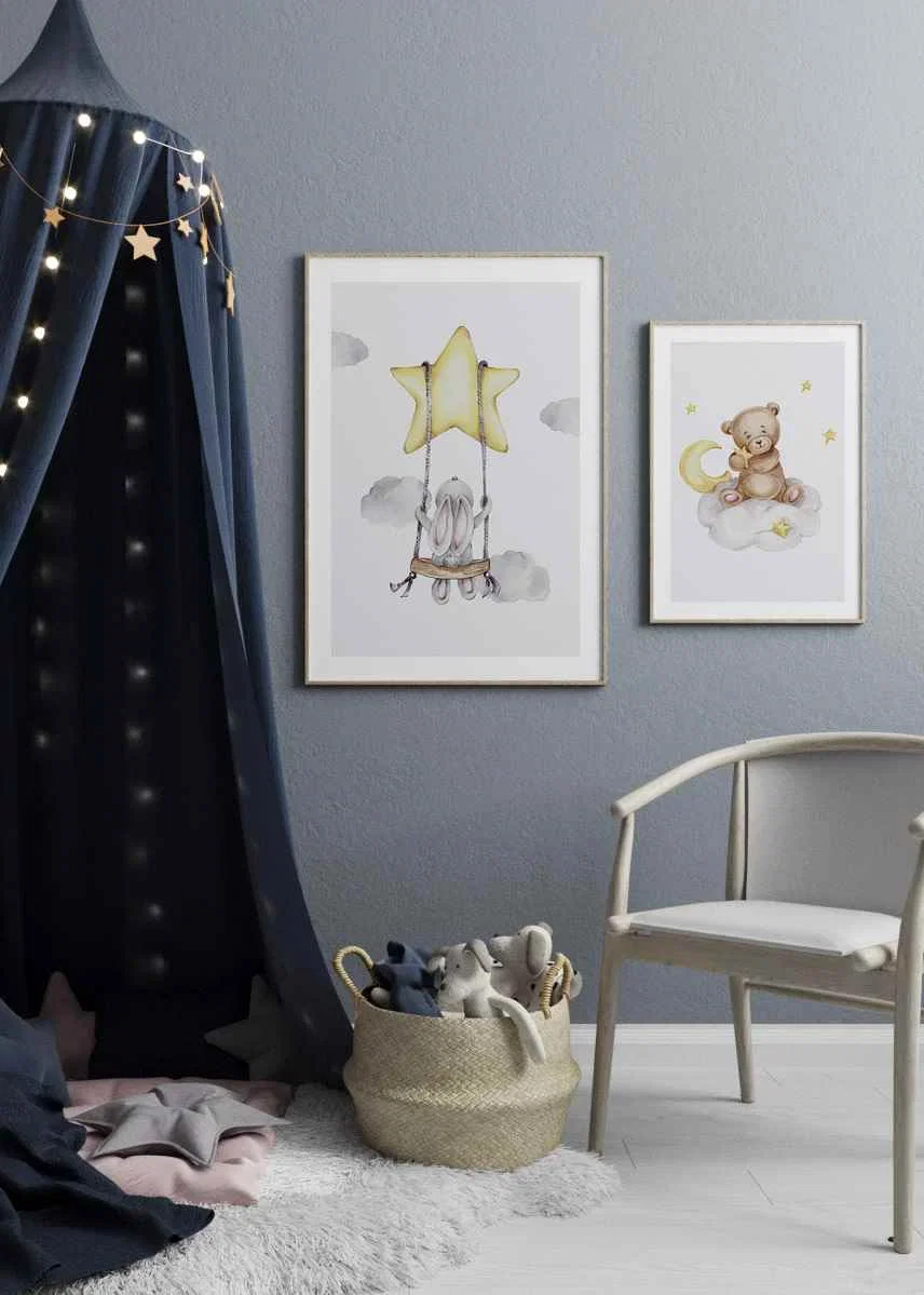 Akvarellillustration av kanin på gunga hängande i stjärna-12