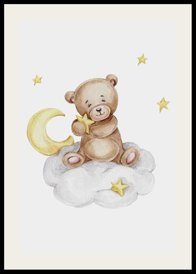 Akvarelová ilustrácia medvedíka na oblakoch s mesiacom a hviezdami-12