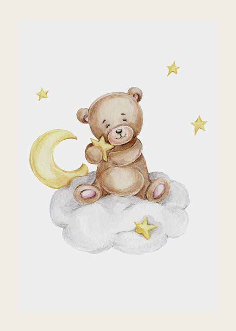 Akvarelová ilustrácia medvedíka na oblakoch s mesiacom a hviezdami-12