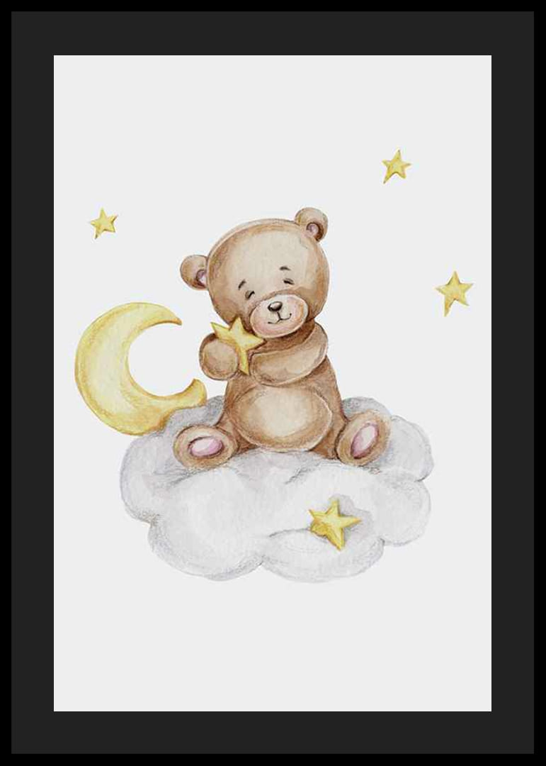 Akvarelová ilustrácia medvedíka na oblakoch s mesiacom a hviezdami-12