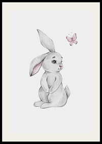 Illustrated gray rabbit with pink butterfly on light background-2