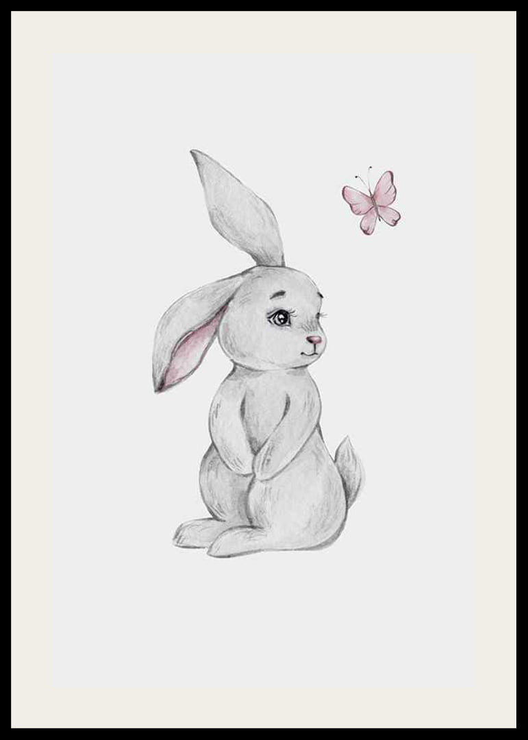 Illustrated gray rabbit with pink butterfly on light background-12