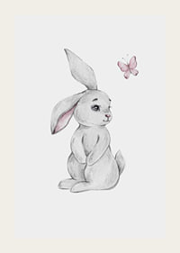 Illustrated gray rabbit with pink butterfly on light background-3