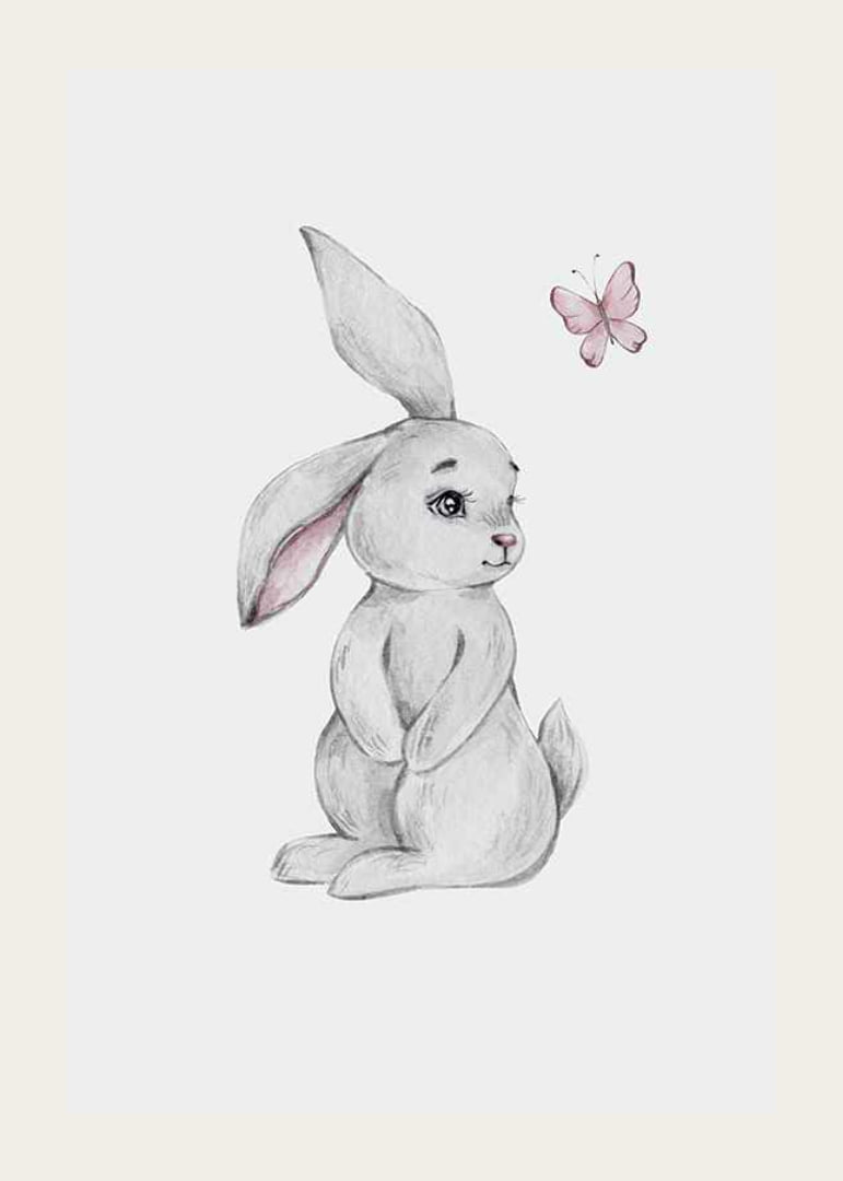 Illustrated gray rabbit with pink butterfly on light background-12