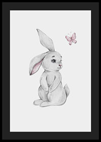 Illustrated gray rabbit with pink butterfly on light background-4