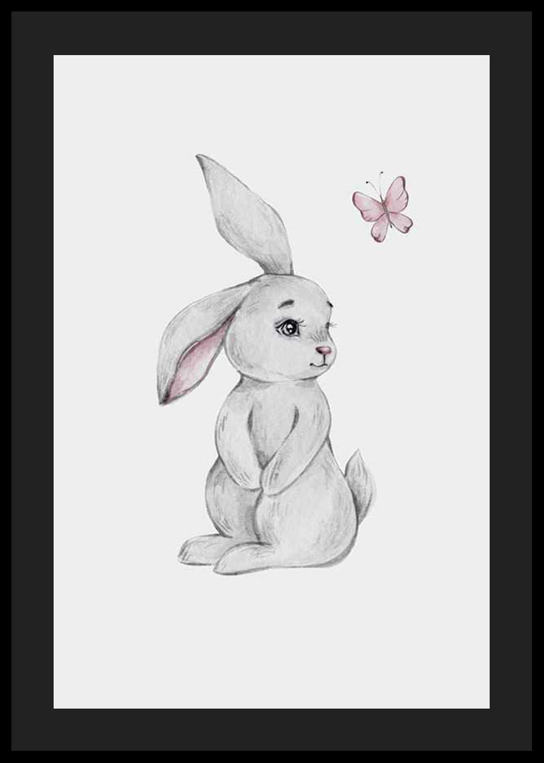 Illustrated gray rabbit with pink butterfly on light background-12