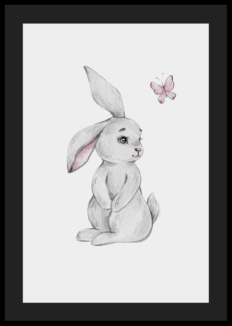 Illustreret grå kanin med lyserød sommerfugl på lys baggrund-12