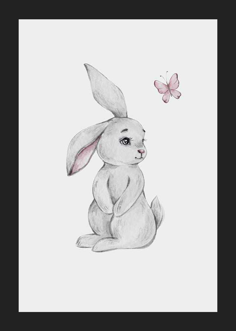 Illustrated gray rabbit with pink butterfly on light background-12
