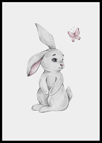 Illustrated gray rabbit with pink butterfly on light background-6