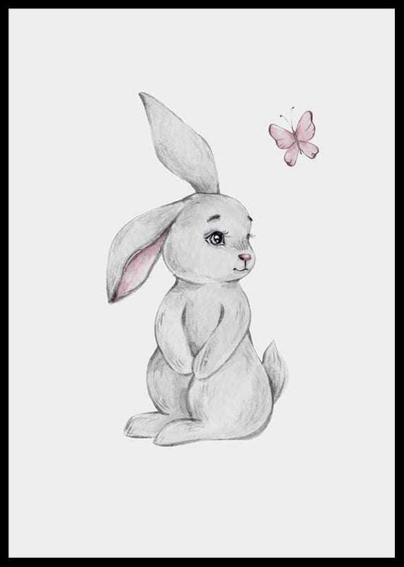 Illustrated gray rabbit with pink butterfly on light background-12
