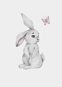 Illustrated gray rabbit with pink butterfly on light background-7