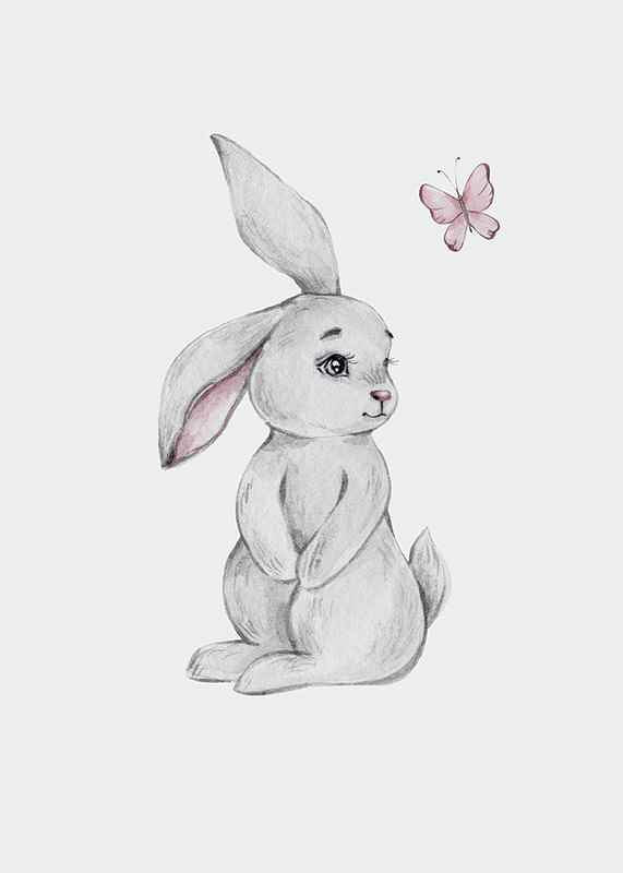 Illustrated gray rabbit with pink butterfly on light background-12