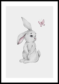 Illustrated gray rabbit with pink butterfly on light background-0