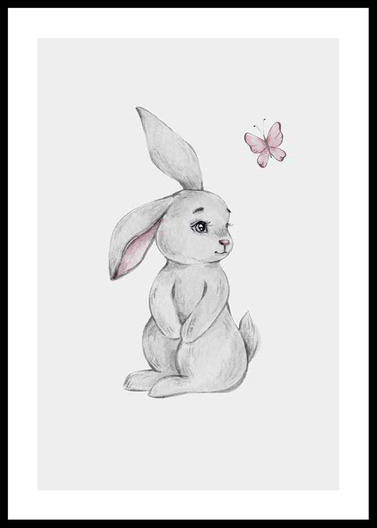Illustrated gray rabbit with pink butterfly on light background-12