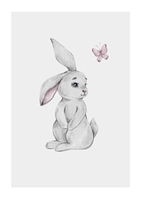 Illustrated gray rabbit with pink butterfly on light background-1