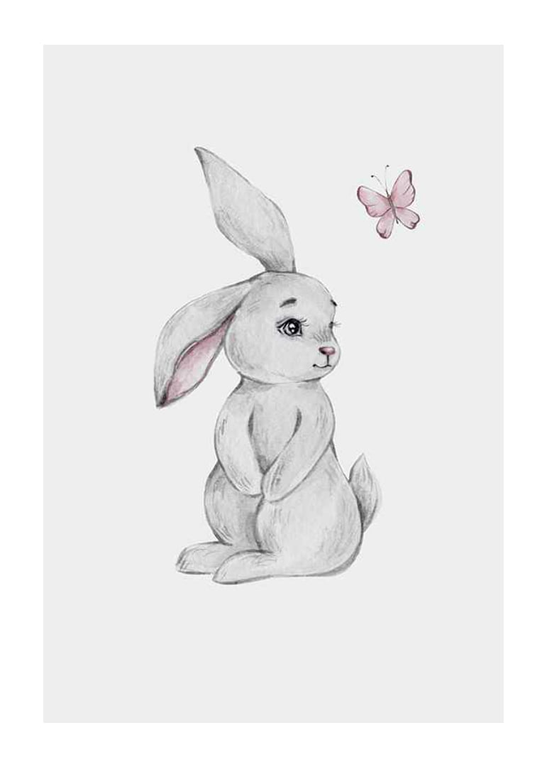 Illustrated gray rabbit with pink butterfly on light background-12