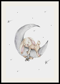 Watercolor illustration of sleeping rabbit on crescent moon among stars-2