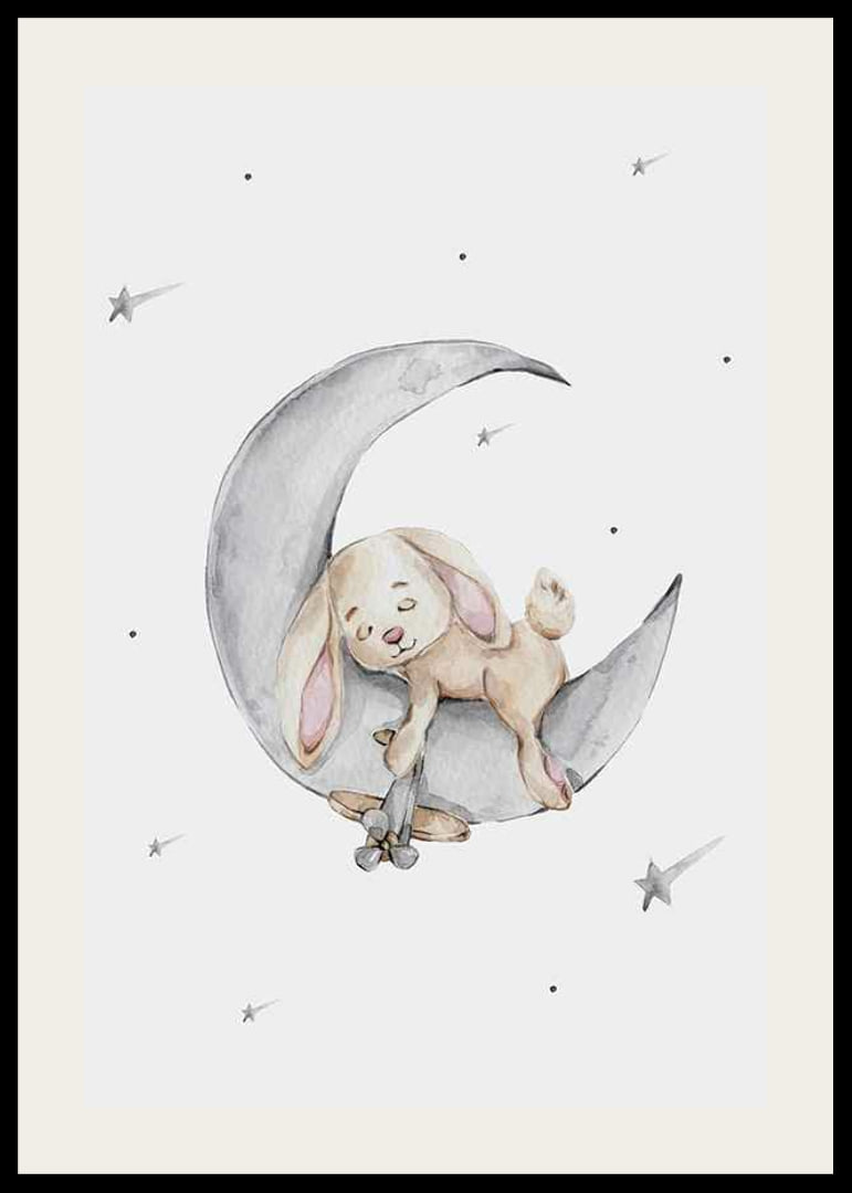Watercolor illustration of sleeping rabbit on crescent moon among stars-12