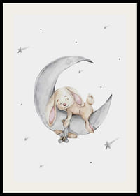 Akvarellillustration av sovande kanin på månskära bland stjärnor-2
