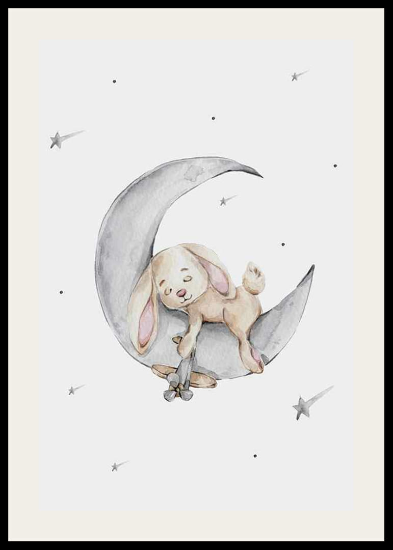 Akvarellillustration av sovande kanin på månskära bland stjärnor-12