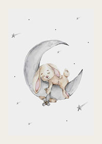 Watercolor illustration of sleeping rabbit on crescent moon among stars-3