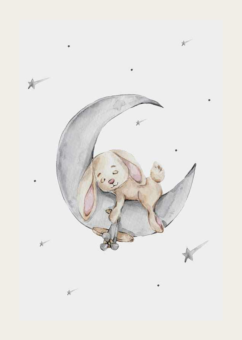 Watercolor illustration of sleeping rabbit on crescent moon among stars-12