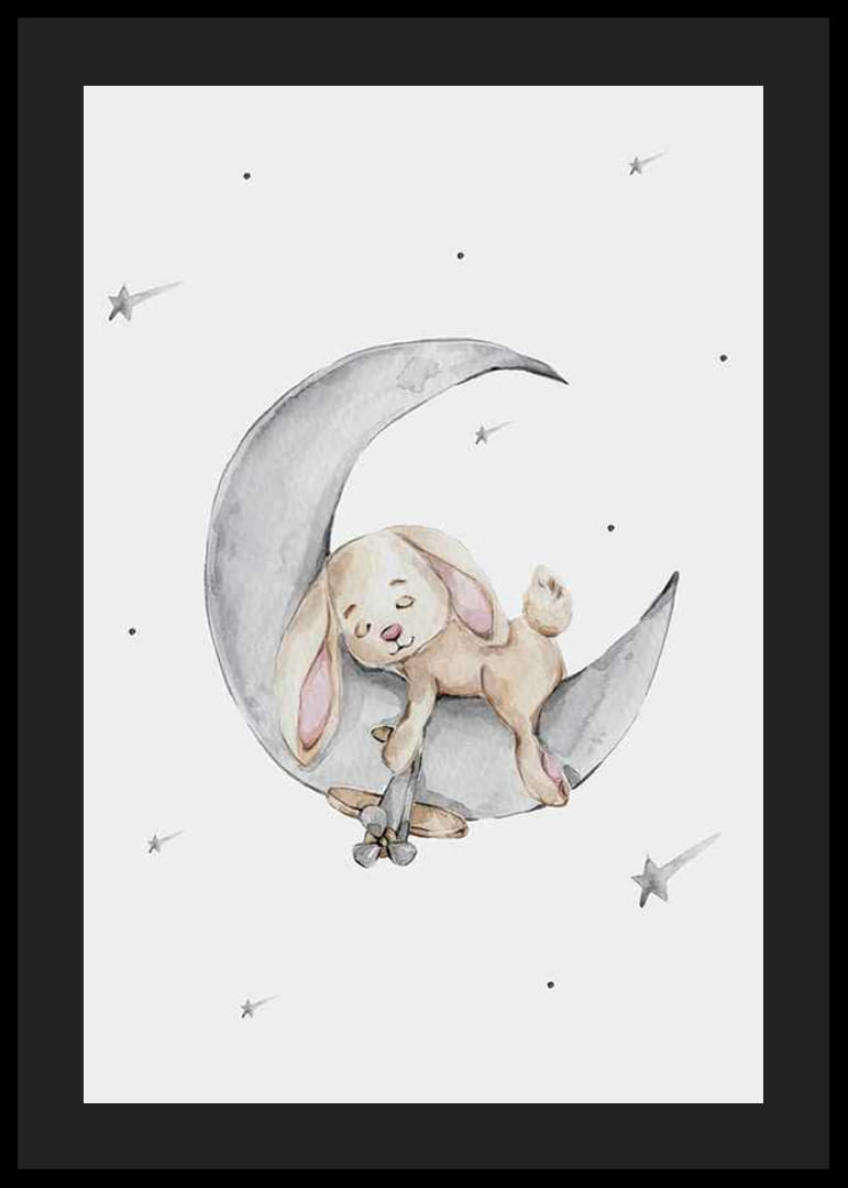 Akvarellillustration av sovande kanin på månskära bland stjärnor-12
