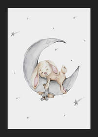 Akvarellillustration av sovande kanin på månskära bland stjärnor-5