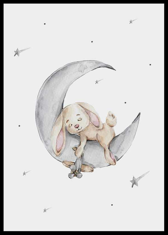 Watercolor illustration of sleeping rabbit on crescent moon among stars-12