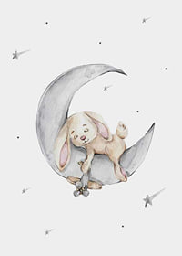 Watercolor illustration of sleeping rabbit on crescent moon among stars-7
