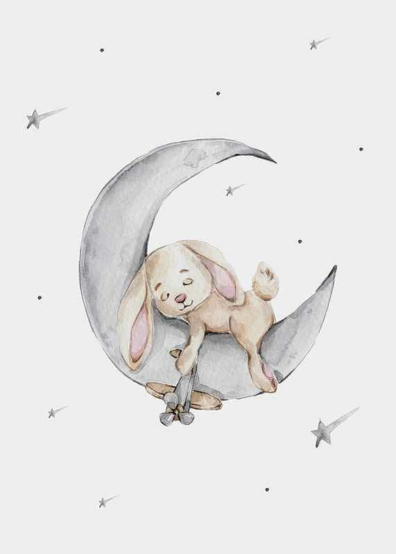 Watercolor illustration of sleeping rabbit on crescent moon among stars-12
