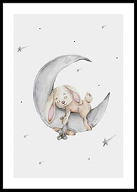 Watercolor illustration of sleeping rabbit on crescent moon among stars-0