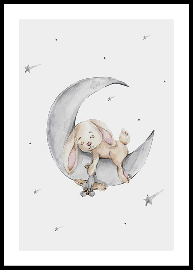 Watercolor illustration of sleeping rabbit on crescent moon among stars-12