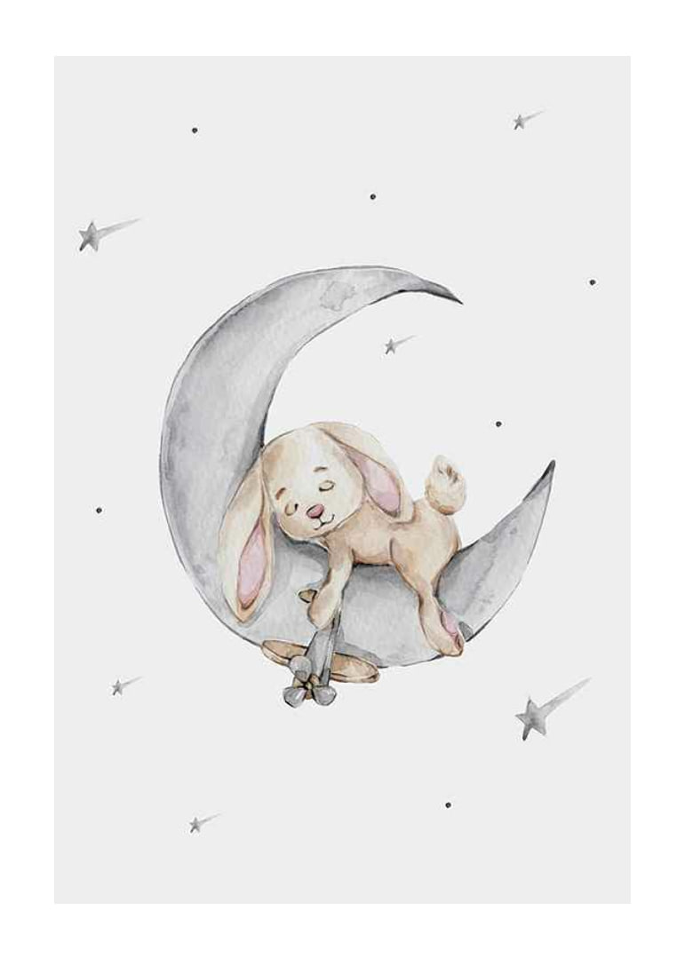 Watercolor illustration of sleeping rabbit on crescent moon among stars-12