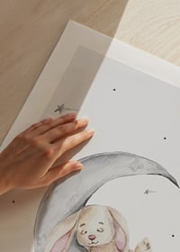 Watercolor illustration of sleeping rabbit on crescent moon among stars-9