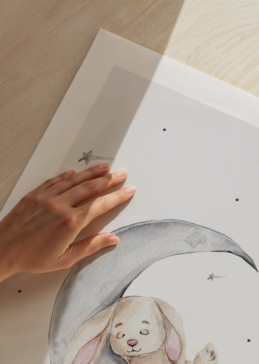 Watercolor illustration of sleeping rabbit on crescent moon among stars-12