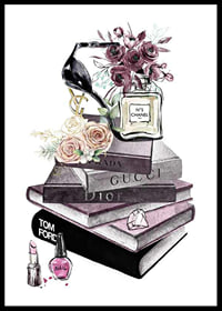Watercolor of fashion books with perfume, heels, flowers and makeup-0