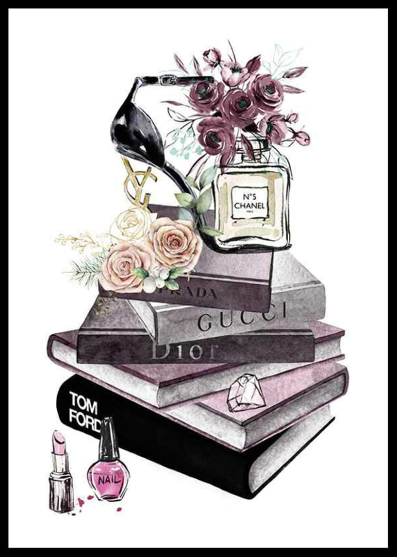 Watercolor of fashion books with perfume, heels, flowers and makeup-12