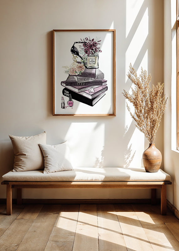 Watercolor of fashion books with perfume, heels, flowers and makeup-12