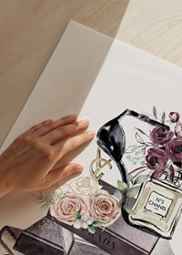Watercolor of fashion books with perfume, heels, flowers and makeup-3