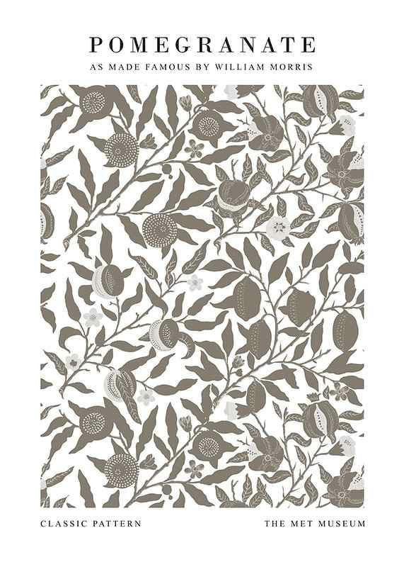 Graphic pattern with stylized pomegranates, green leaves and winding branches against a dark background-12