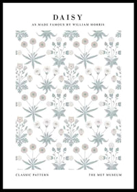 Dense, symmetrical pattern with stylized daisies in white and yellow and small green leaves against a muted blue background-0