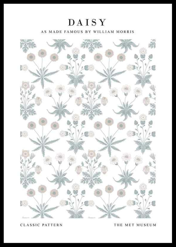 Dense, symmetrical pattern with stylized daisies in white and yellow and small green leaves against a muted blue background-12
