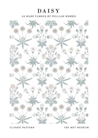Dense, symmetrical pattern with stylized daisies in white and yellow and small green leaves against a muted blue background-1