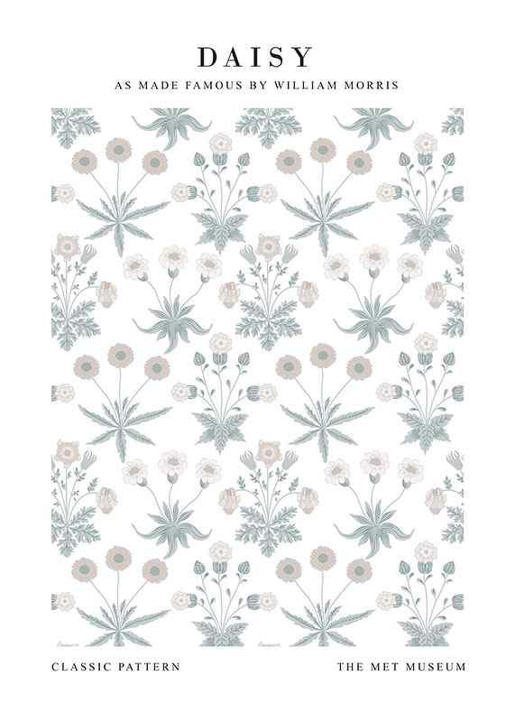 Dense, symmetrical pattern with stylized daisies in white and yellow and small green leaves against a muted blue background-12