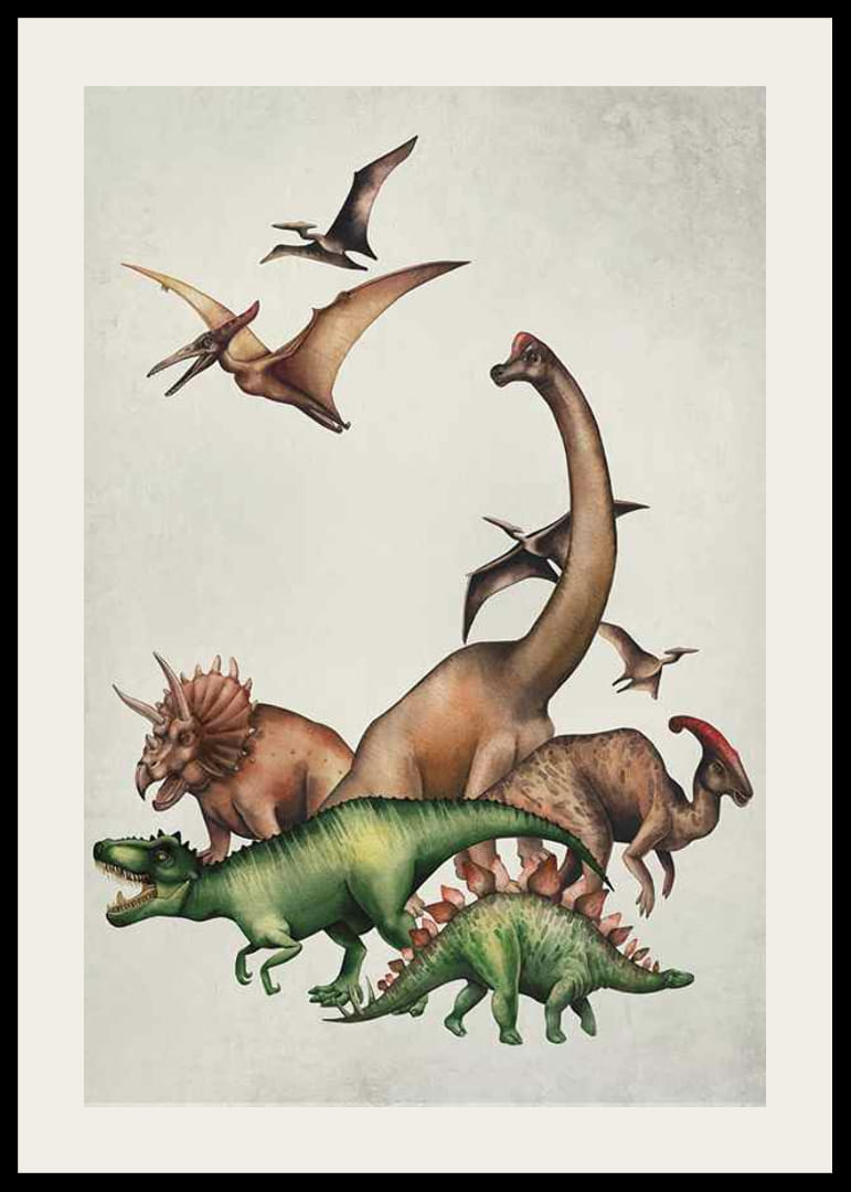 Illustrerade dinosaurier och flygödlor i mjuka färger-12