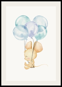 Akvarellillustration av mus med blå ballonger mot vit bakgrund-2
